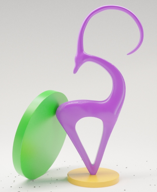 picture of purple ceramic gazelle on yellow support with leaning green disc